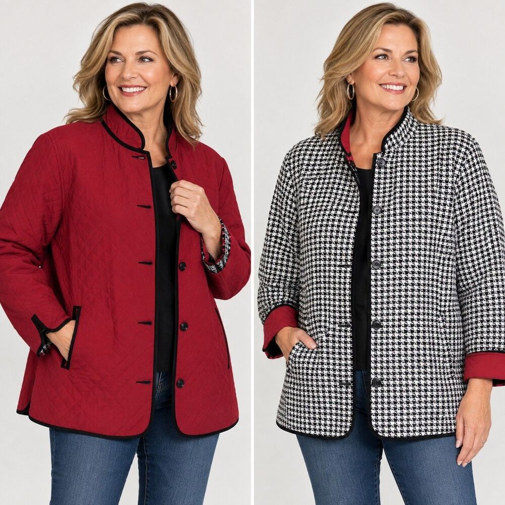 Women’s Reversible Quilted Jacket Red Houndstooth Button Front No Size Tag